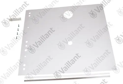 Weißes Metallblech mit mehreren Löchern und einer Aussparung, sowie verschiedenen Befestigungsschrauben. Produktelement von Vaillant.